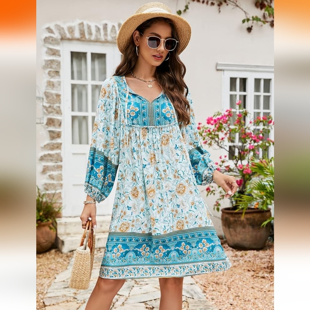 Women's Aquq Blue Floral Notched Tie Neck Boho Peasant Dress-2XL